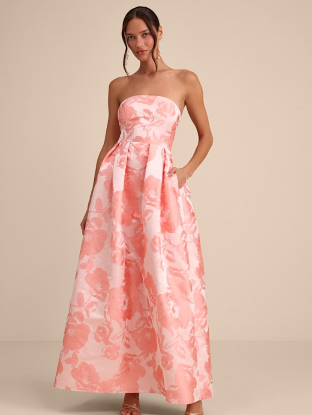 Lulus Laurelin Blush Floral Jacquard Pleated Strapless Maxi Dress Pink - Size XL